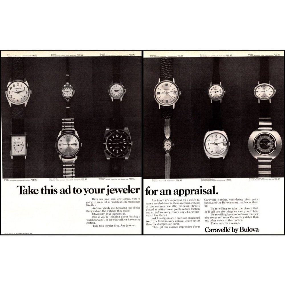 1970 Bulova Caravelle Watch 2 Page Sea Hunter Day and Date Vintage Print Ad